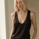 Lissia Deep Drape Satin Tank — Brown, studio product shot