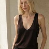 Lissia Deep Drape Satin Tank — Brown, studio product shot