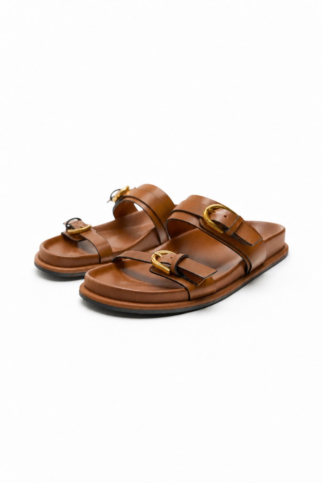 Lucia Buckle Leather Slides — Brown, studio product shot