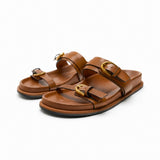 Lucia Buckle Leather Slides — Brown, studio product shot