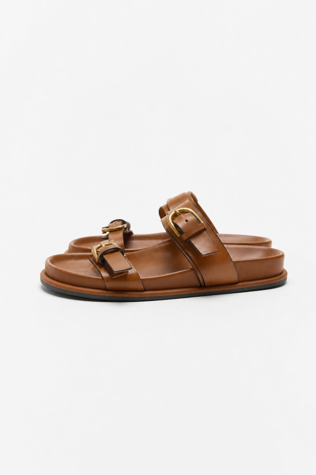 Lucia Buckle Leather Slides — Brown, studio product shot