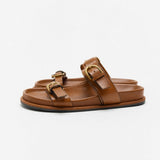Lucia Buckle Leather Slides — Brown, studio product shot