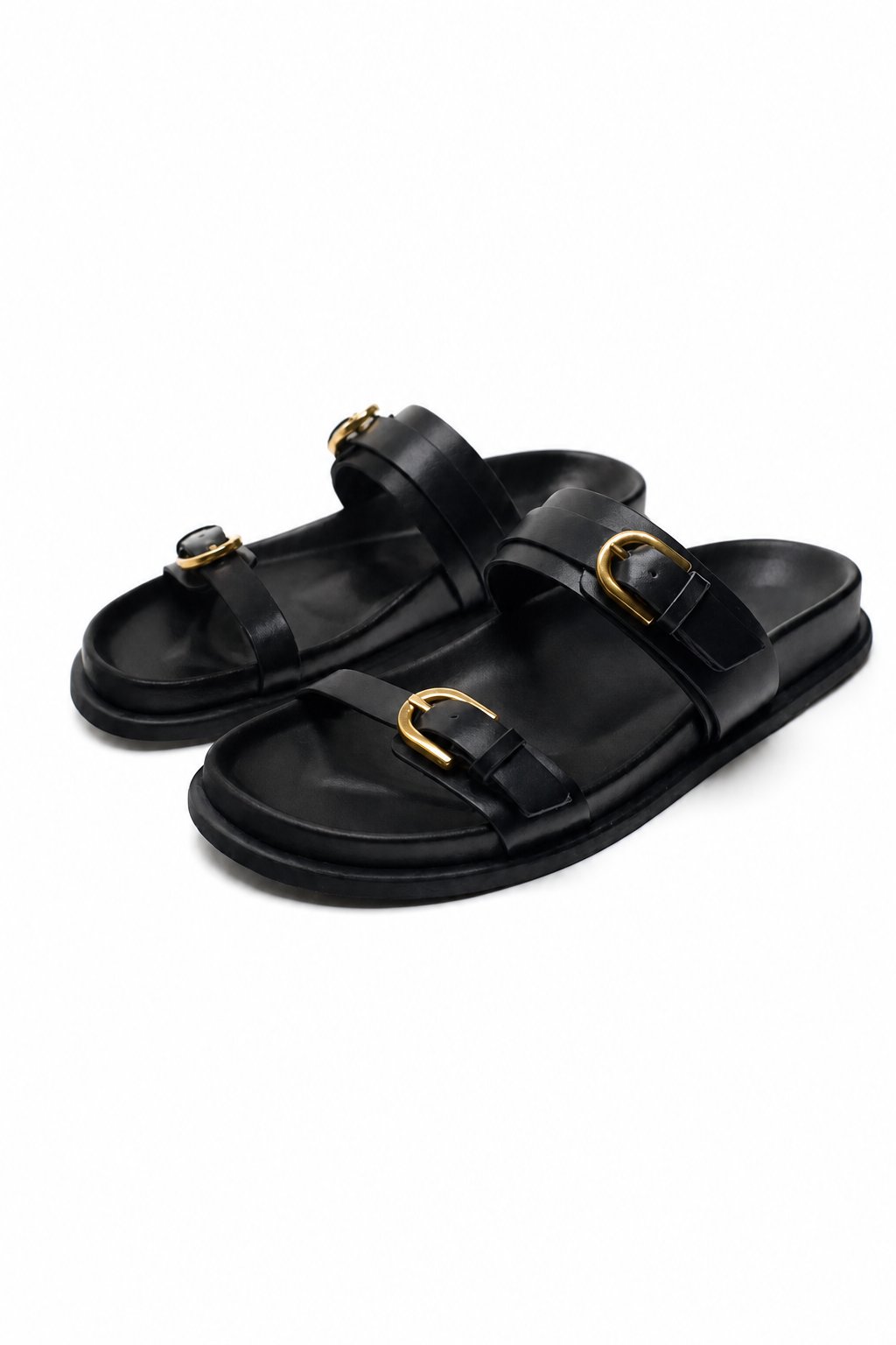 Lucia Buckle Leather Slides, studio product shot