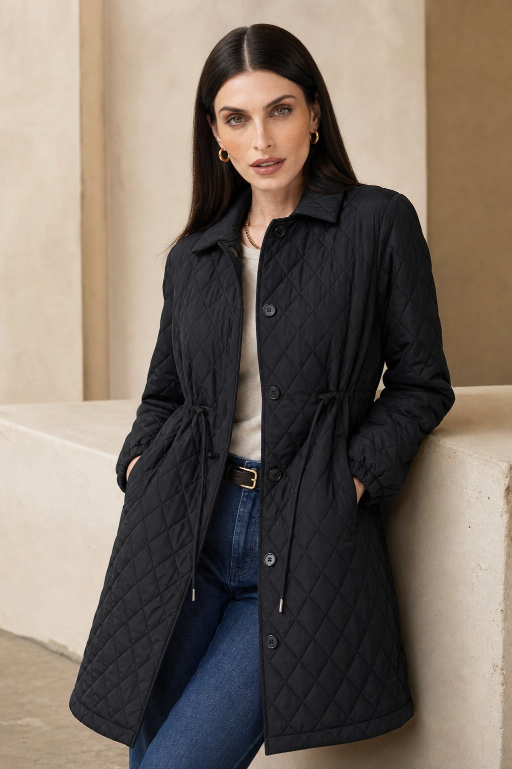 Maren Quilted Long Coat — Black, banana_republic product shot
