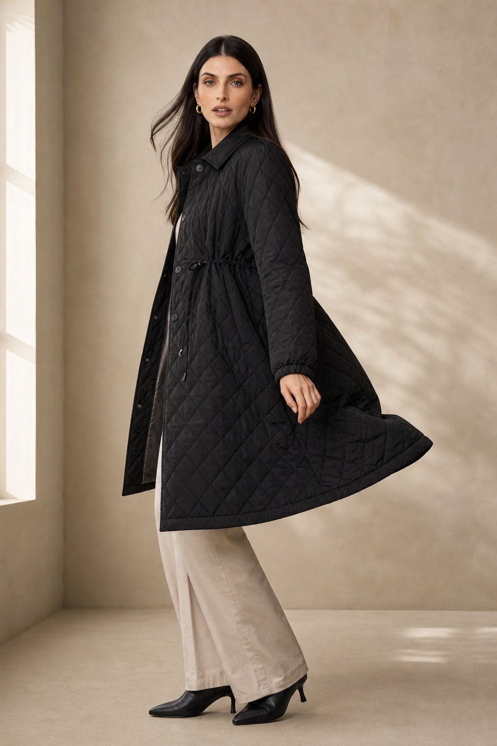 Maren Quilted Long Coat — Black, banana_republic product shot