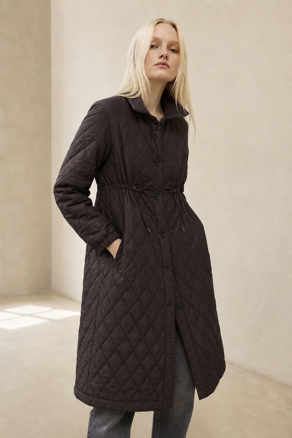 Maren Quilted Long Coat — Brown, banana_republic product shot