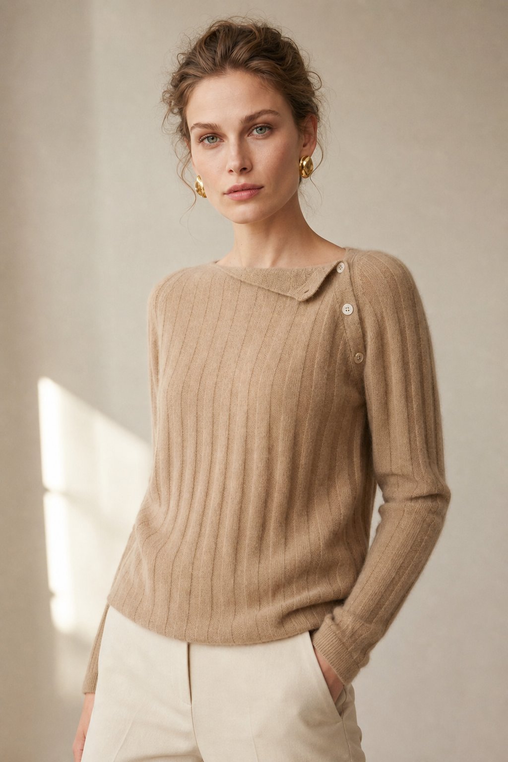 Maribel Buttoned Cashmere Sweater — Khaki, banana_republic product shot