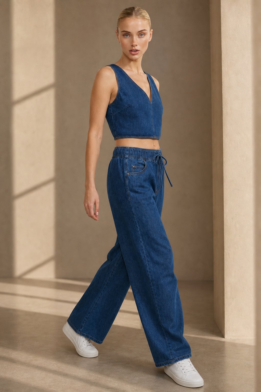Monaco Drawstring Wide-Leg Jean — Blue, banana_republic product shot