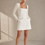 Monaco Lacceti Women's Tweed Pearl Trim Blazer Mini Dress — White, studio product shot
