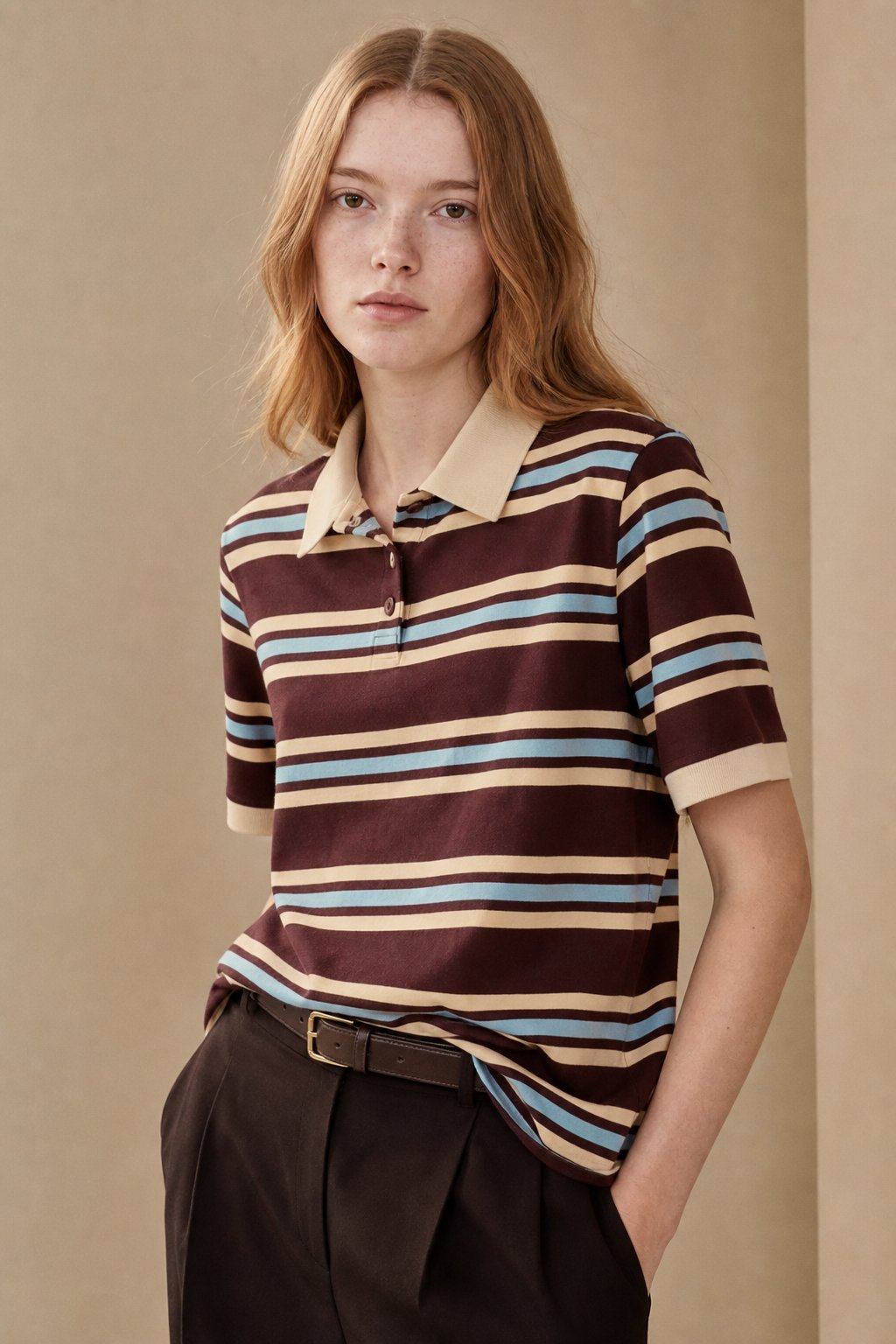 Noelle Stripe Polo Tee — Brown, banana_republic product shot