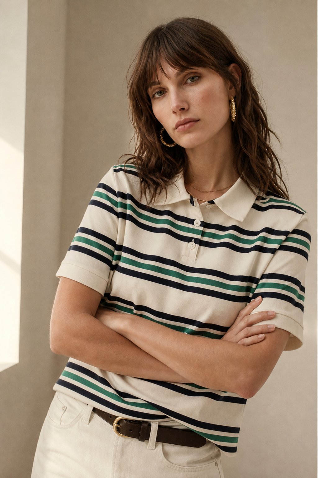 Noelle Stripe Polo Tee — Beige, banana_republic product shot