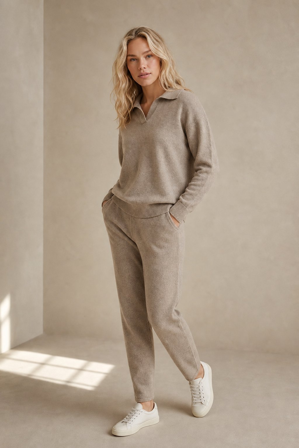 Palermo Polo Knit Set — Camel, studio product shot