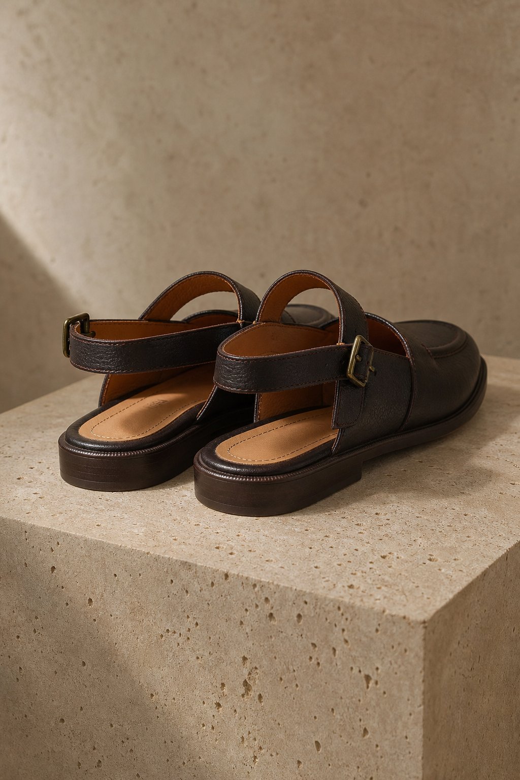 Positano Leather Slingback Flat Sandals — Coffee, studio product shot