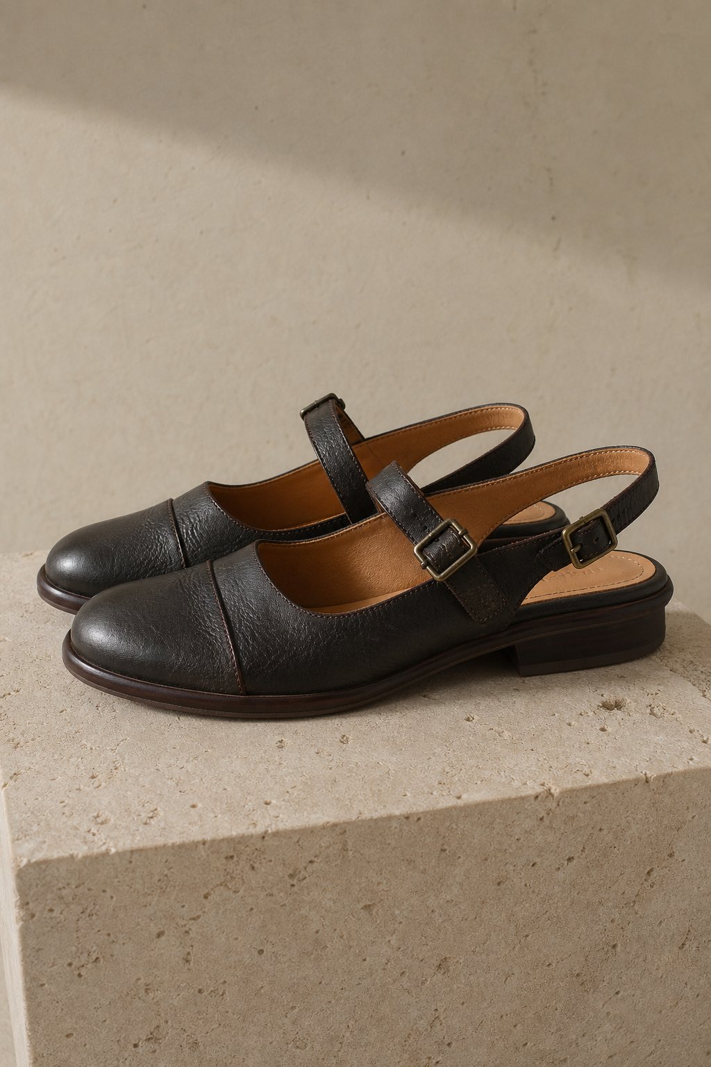 Positano Leather Slingback Flat Sandals — Coffee, studio product shot