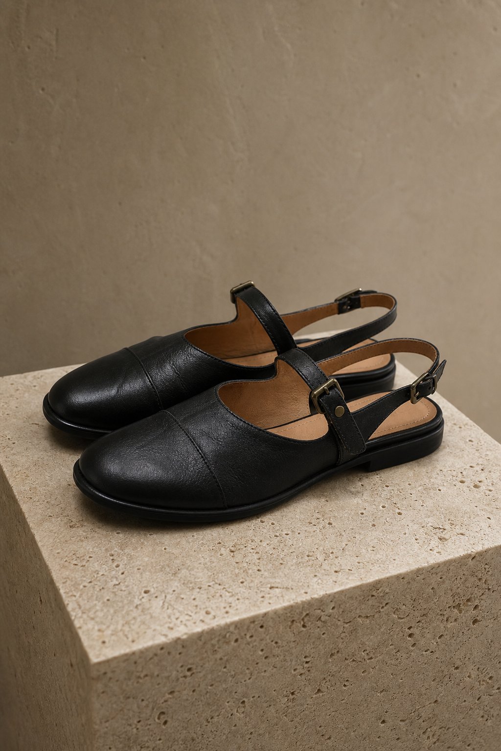 Positano Leather Slingback Flat Sandals — Black, studio product shot