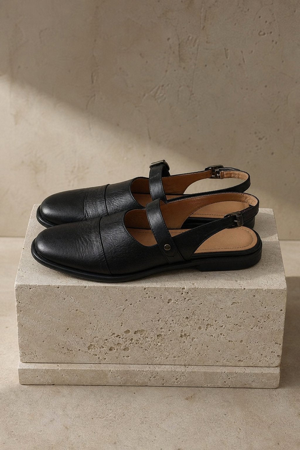 Positano Leather Slingback Flat Sandals — Black, studio product shot
