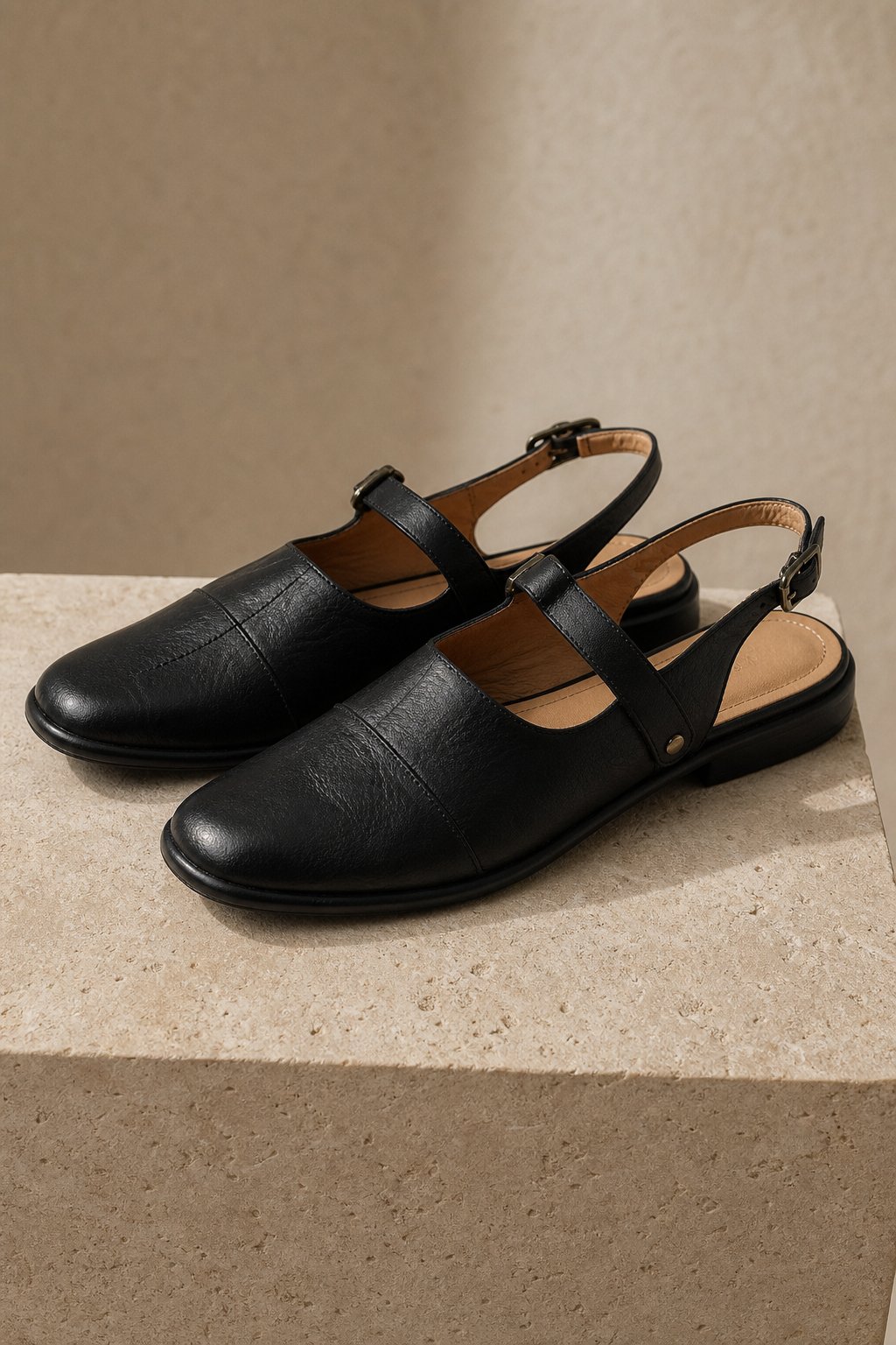 Positano Leather Slingback Flat Sandals — Black, studio product shot