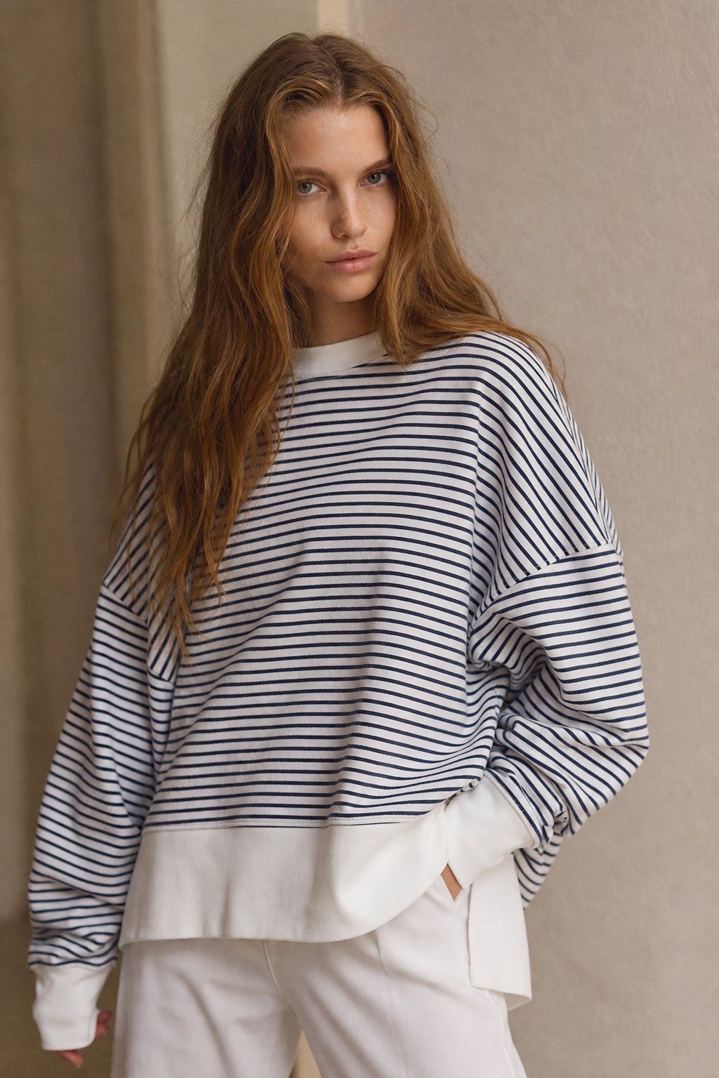 Rory Stripe Spliced Loose Sweatshirt — Blue, banana_republic product shot