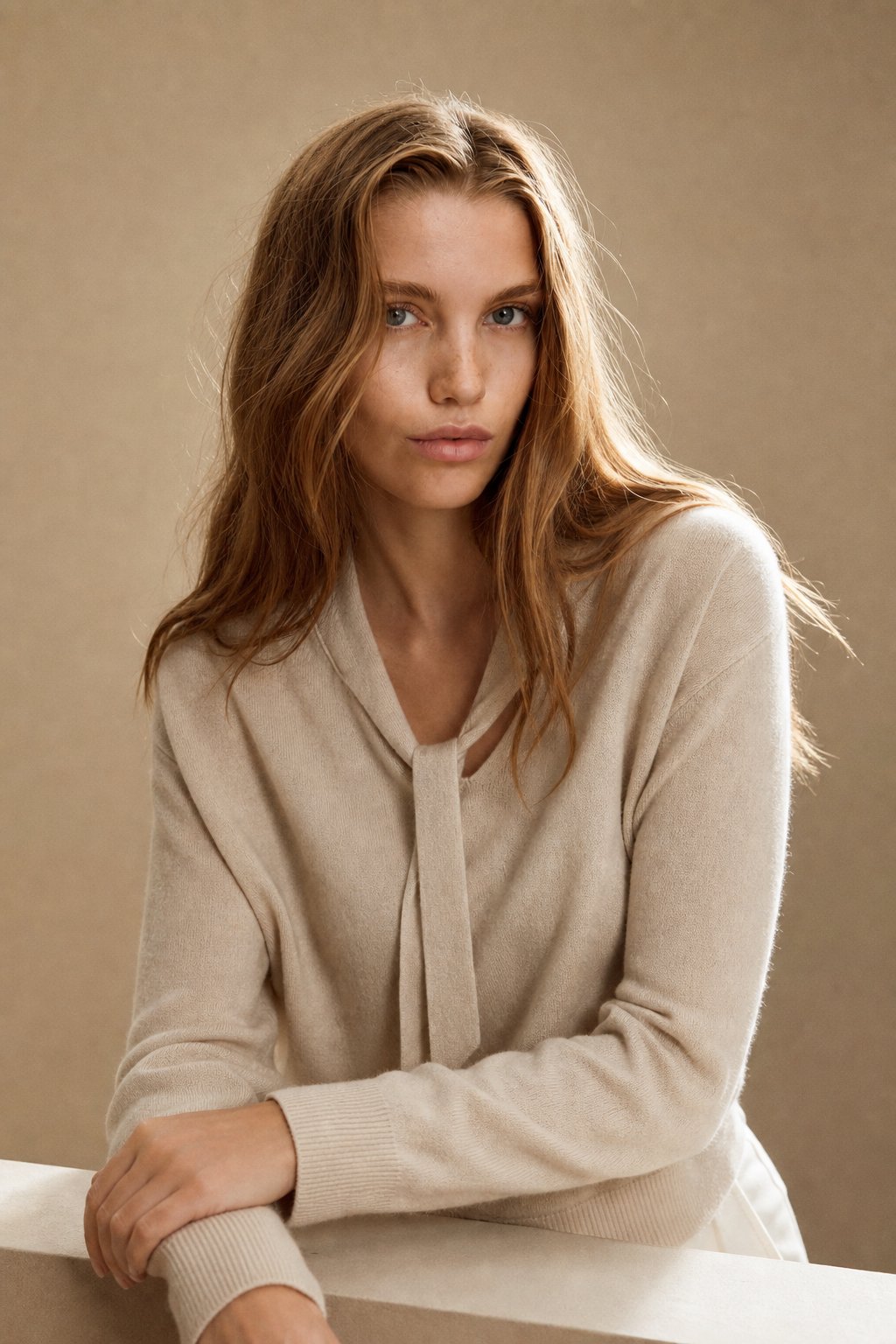 Selene Scarf-Collar Cashmere Pullover — Beige, banana_republic product shot