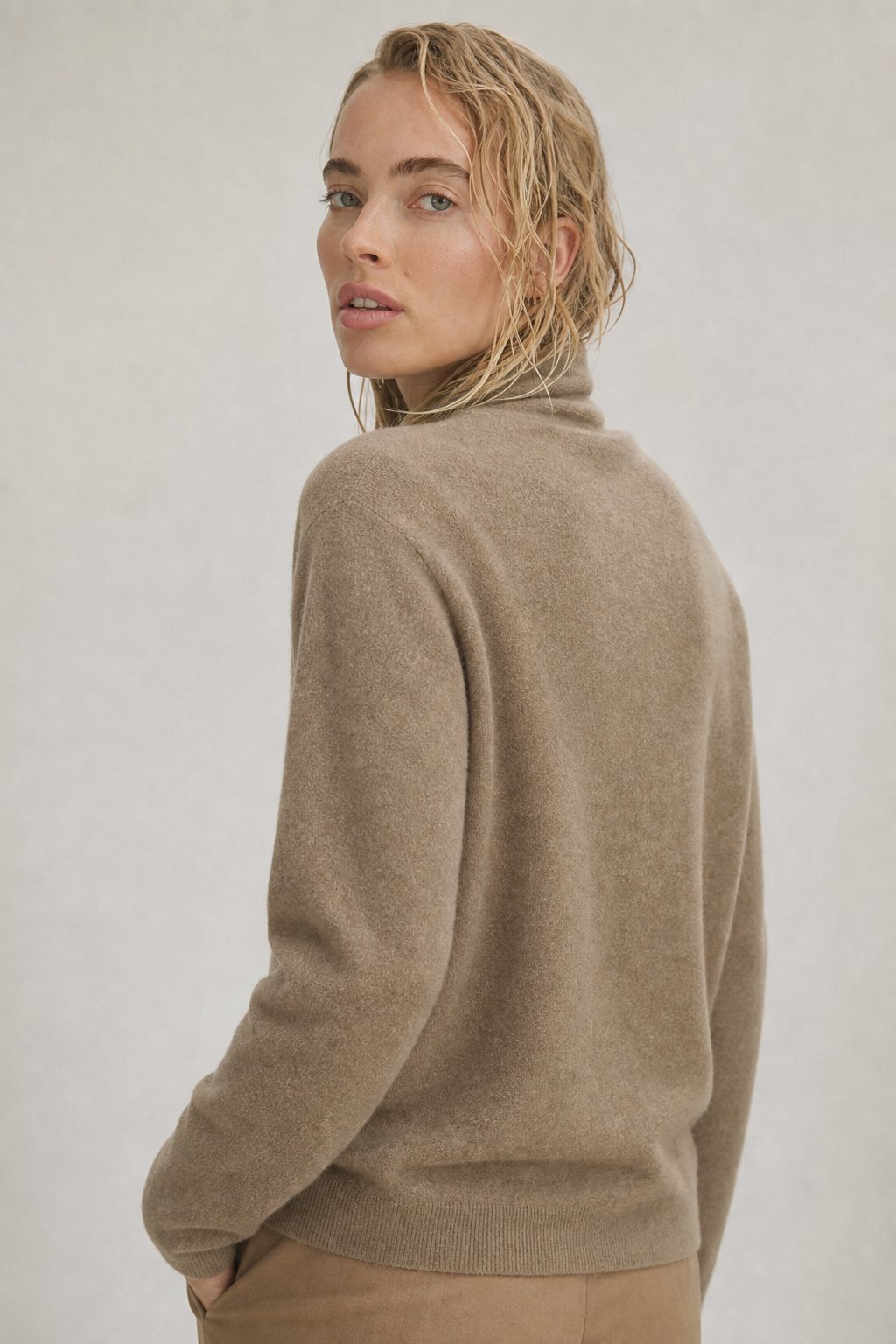 Serene V-Neck Knit Sweater — Camel, studio product shot