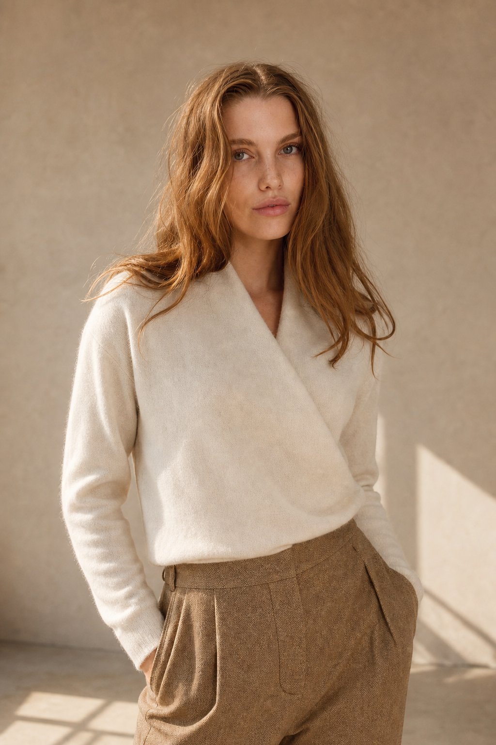 Serene V-Neck Knit Sweater — White, studio product shot