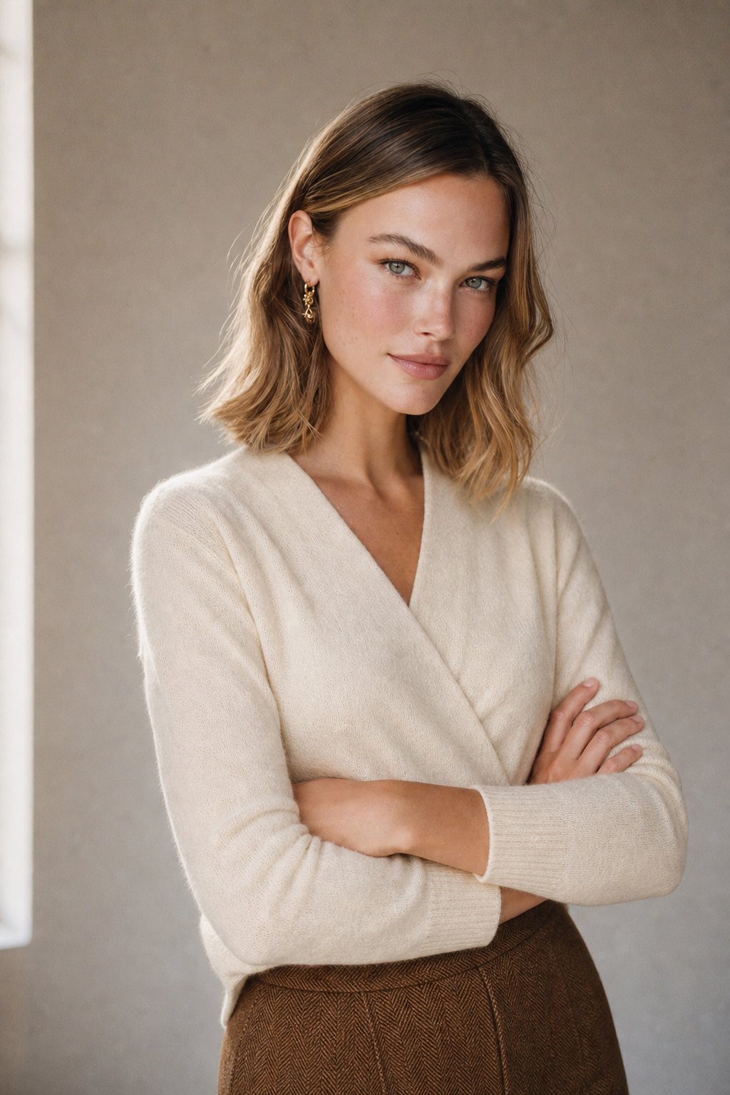 Serene V-Neck Knit Sweater — Beige, studio product shot