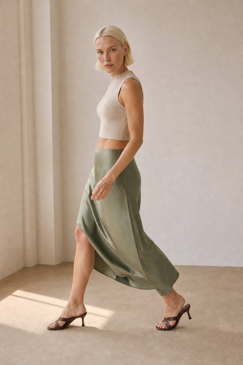 Sienna Luxe Midi Skirt — Olive, studio product shot