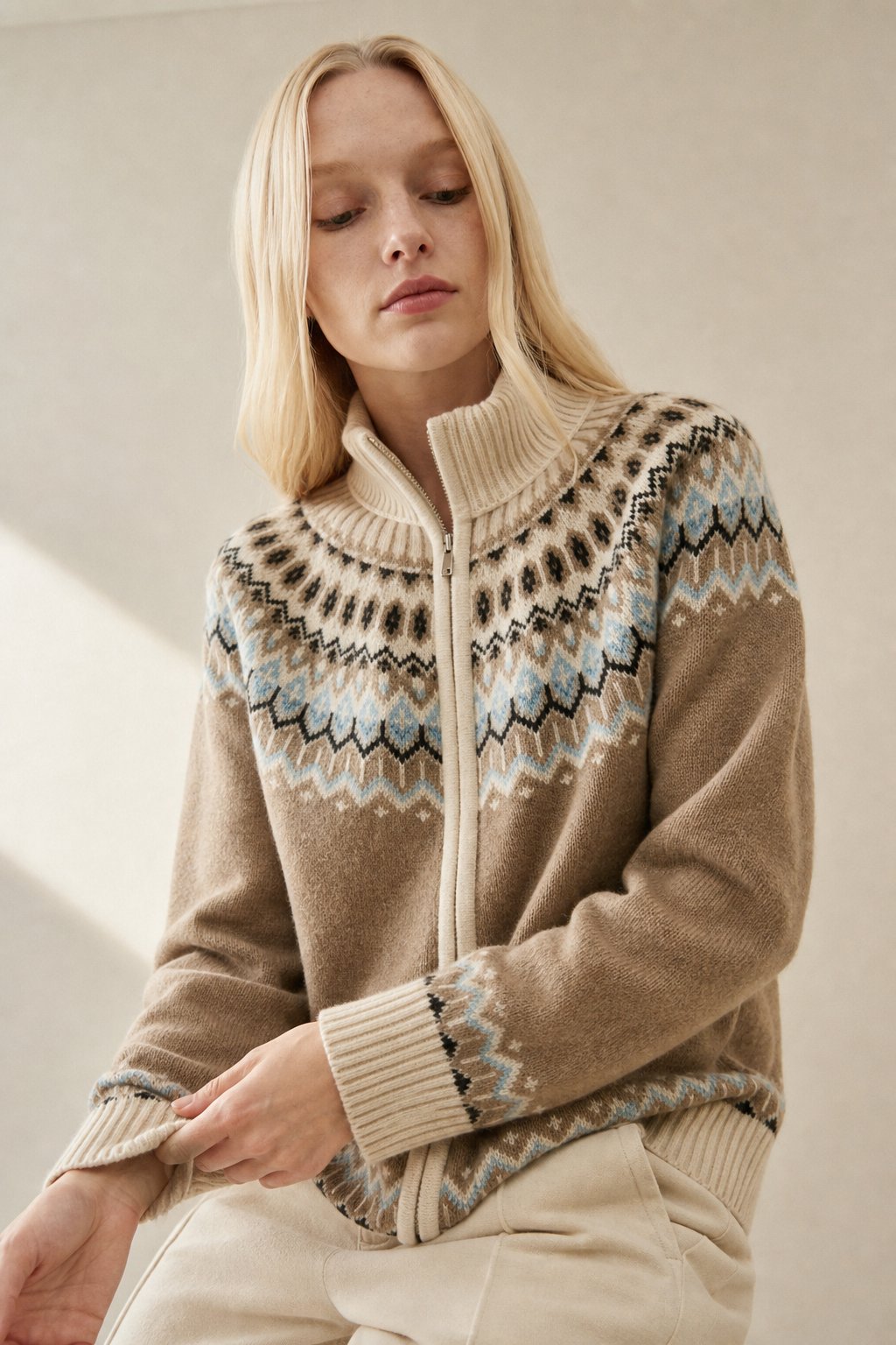 Strathan Cashmere Zip-Up — Camel, studio product shot