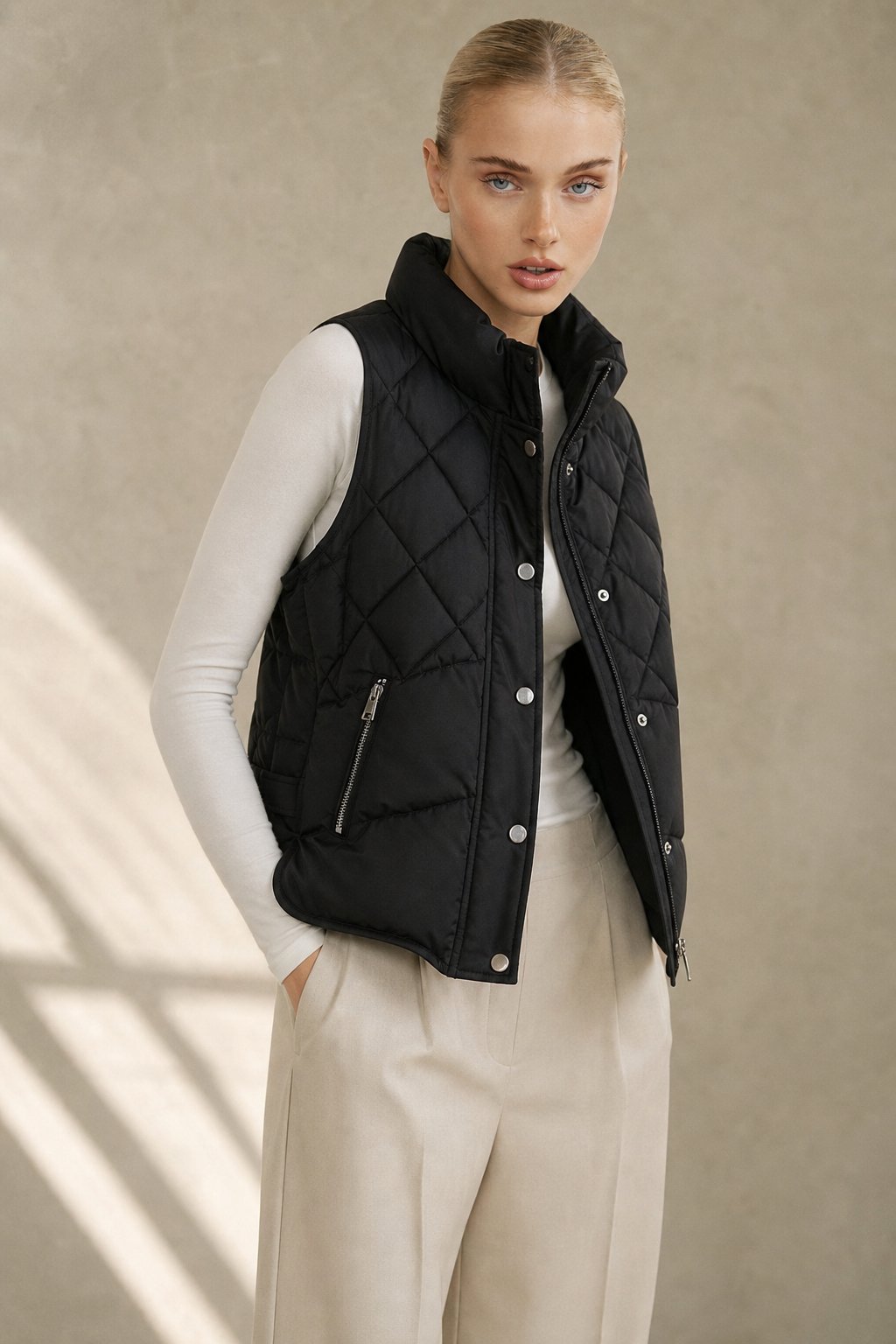 Tatum Quilted Vest — Black, banana_republic product shot