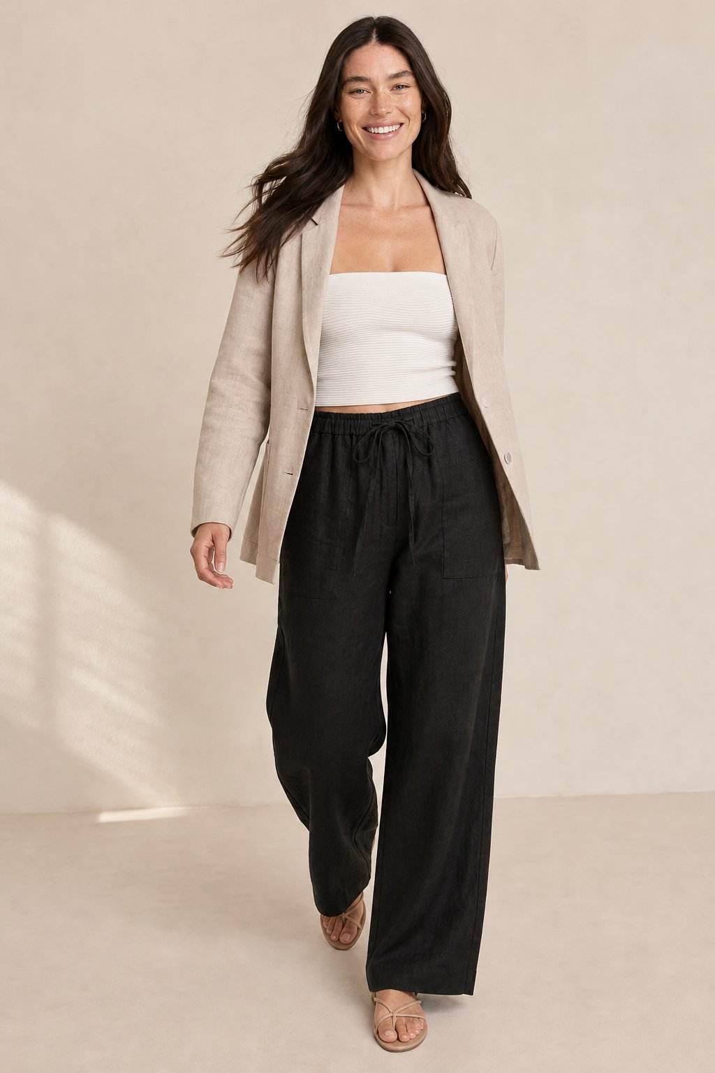 The Drawstring Straight Linen Pant — Black, banana_republic product shot