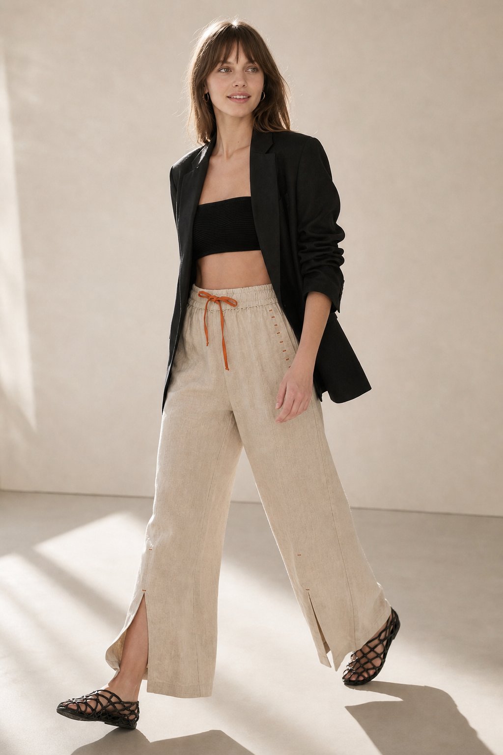 The Drawstring Wide Leg Pant — Beige, banana_republic product shot