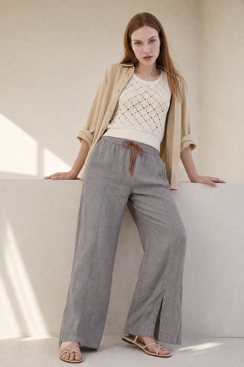 The Drawstring Wide Leg Pant — Gray, banana_republic product shot
