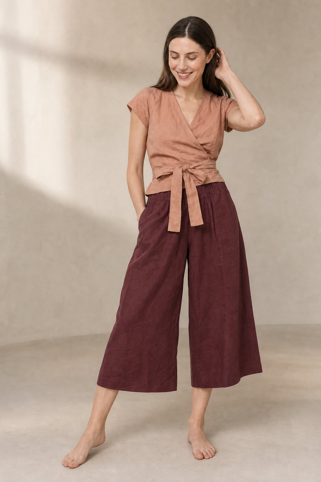The Easy Wide Leg Linen Pant — Burgundy, banana_republic product shot