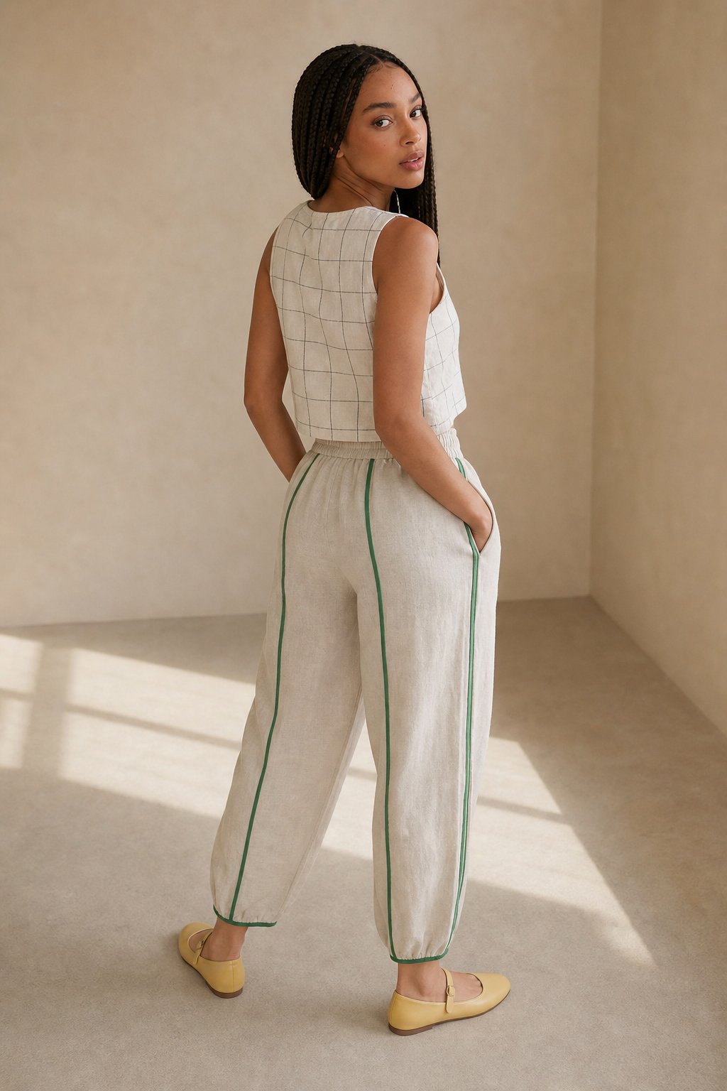 The Green Stripe Linen Wide Leg Pant — Beige, banana_republic product shot