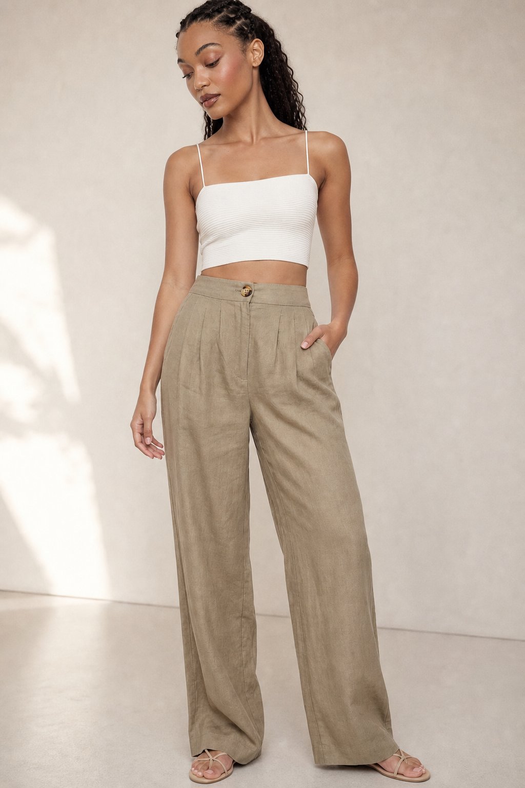 The Pleated Culotte Linen Pant — Khaki, banana_republic product shot
