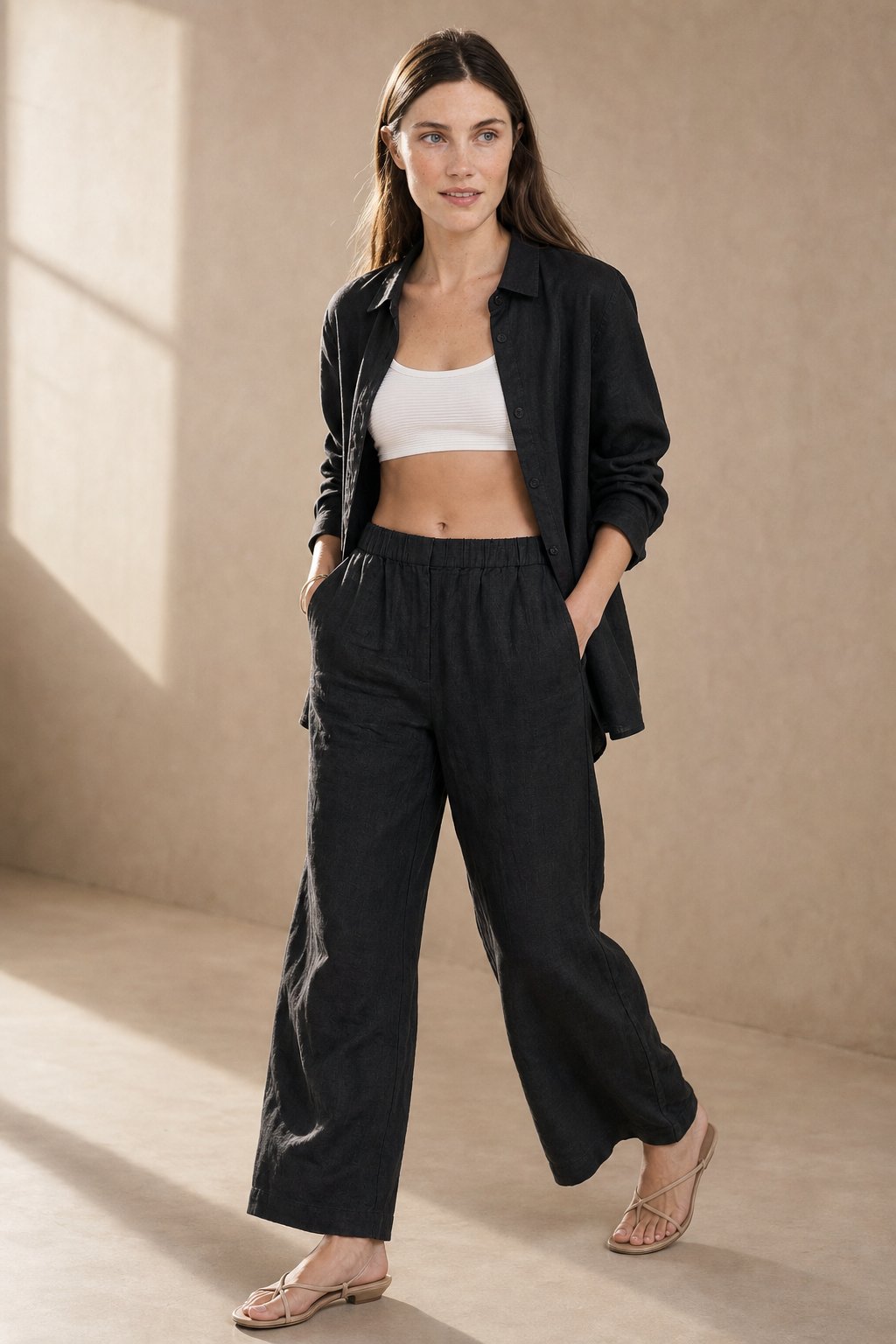The Pleated Wide Leg Linen Pant — Black, banana_republic product shot
