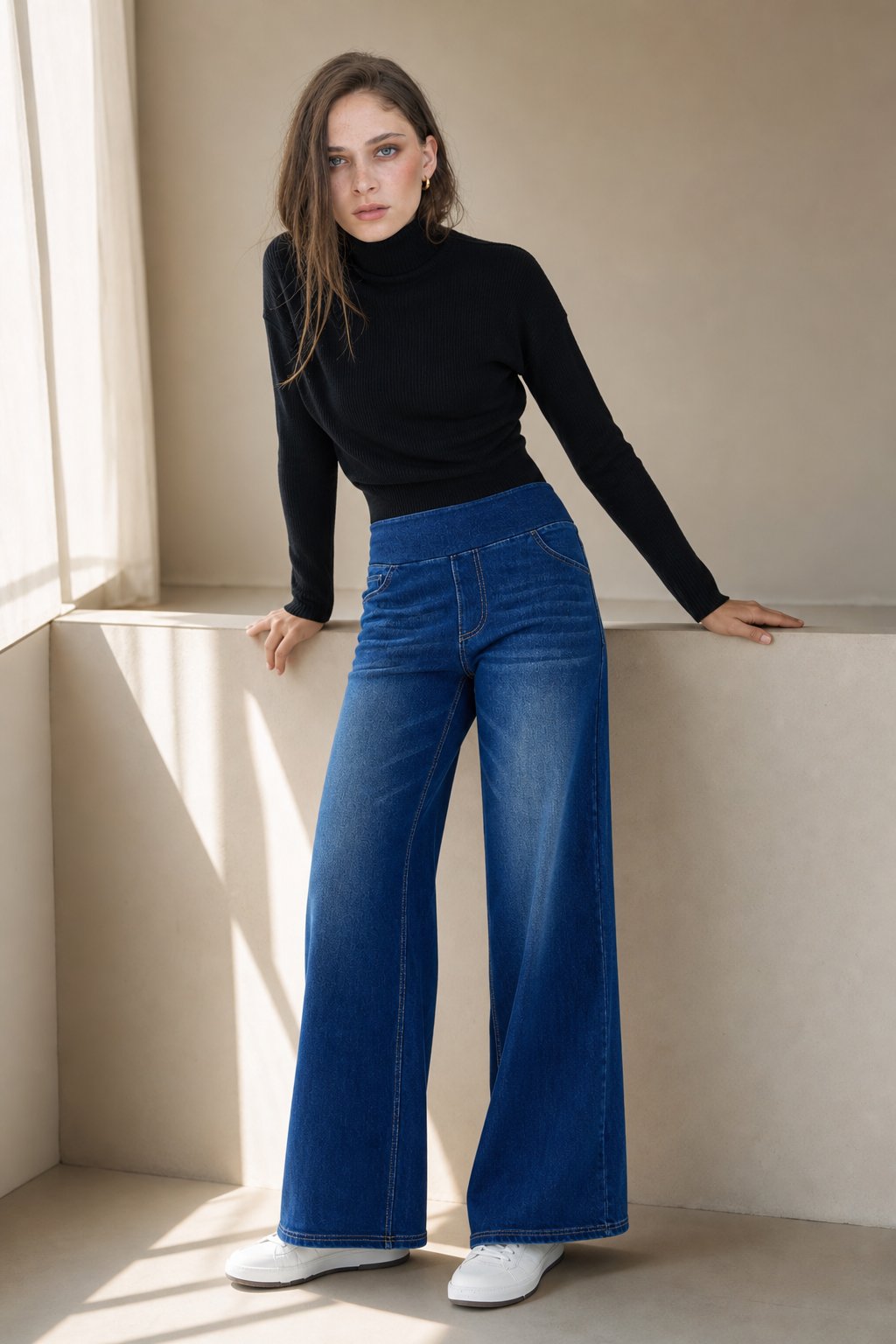 The Pull-On Wide Leg Jean — Navy, banana_republic product shot