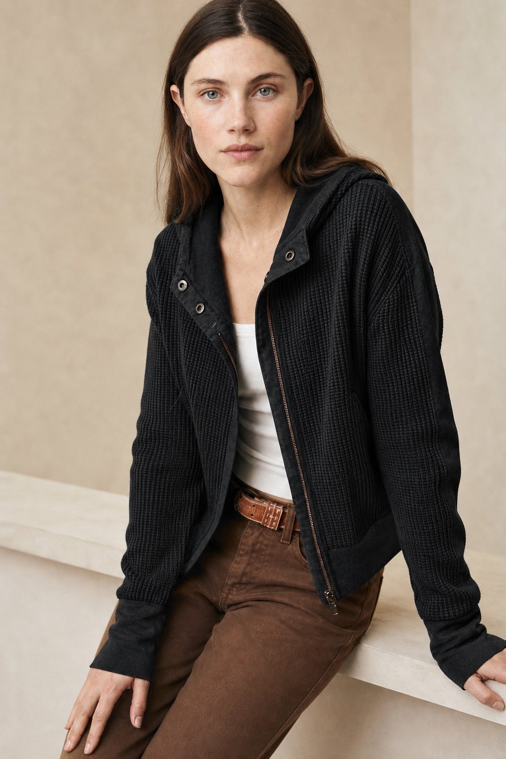 Uptown Waffle Hoodie — Black, banana_republic product shot