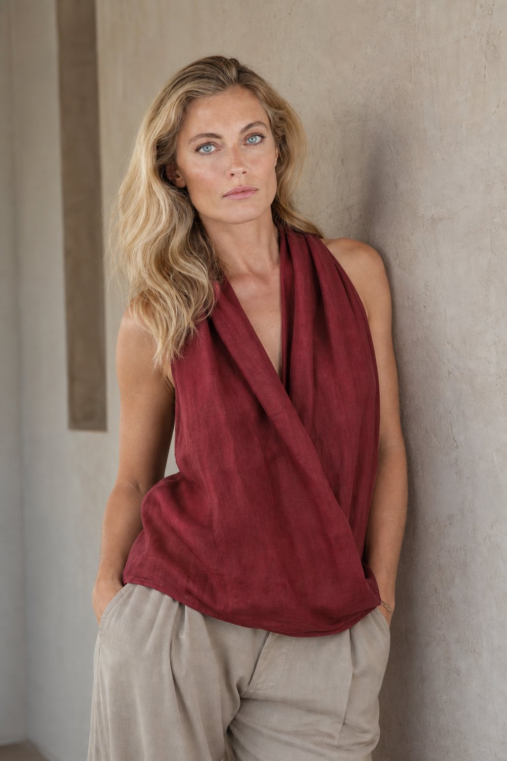 Valienne Drape Linen Vest — Burgundy, banana_republic product shot