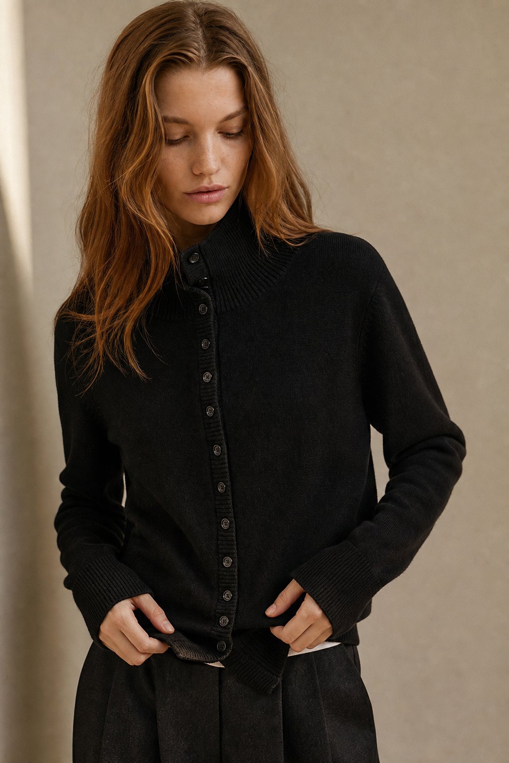 Vercelli Cashmere Button Sweater — Black, studio product shot