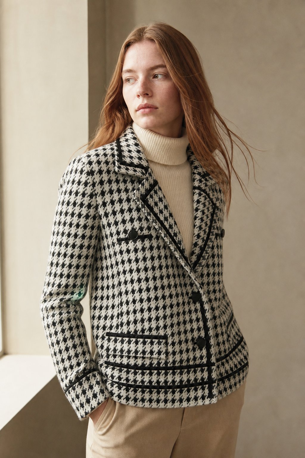 Vionne Houndstooth Knit Jacket — White, banana_republic product shot