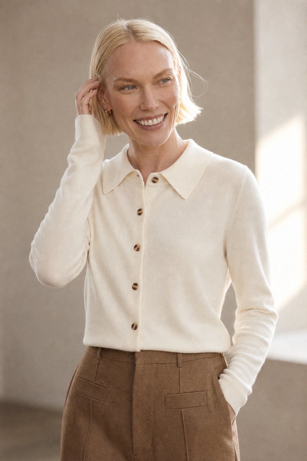 Windsor Polo Cardigan — Beige, banana_republic product shot