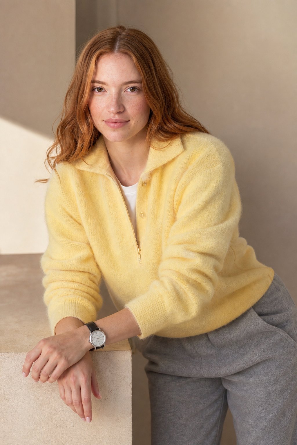 Women's 100% Wool Knit Hoodie Sweater Casual — Yellow, banana_republic product shot
