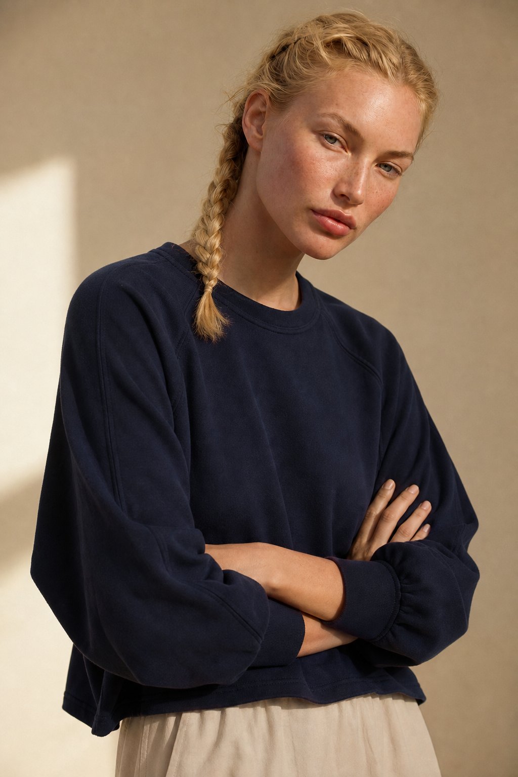 Women's Cotton Sweatshirt Loose Lantern Sleeve Pullover — Navy, banana_republic product shot