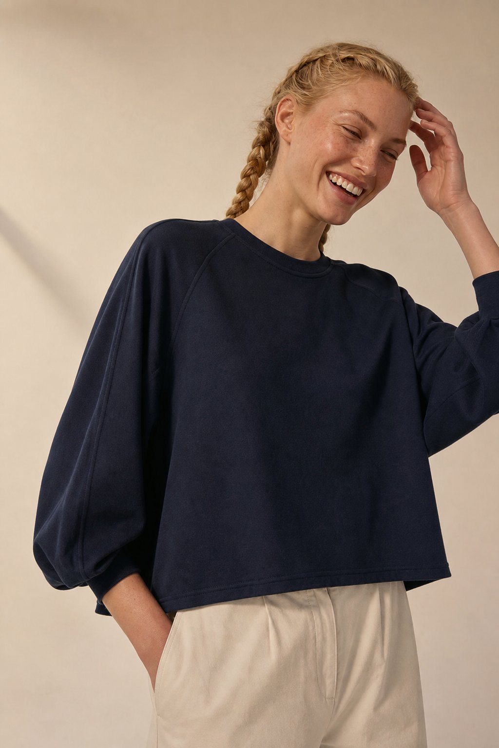 Women's Cotton Sweatshirt Loose Lantern Sleeve Pullover — Navy, banana_republic product shot