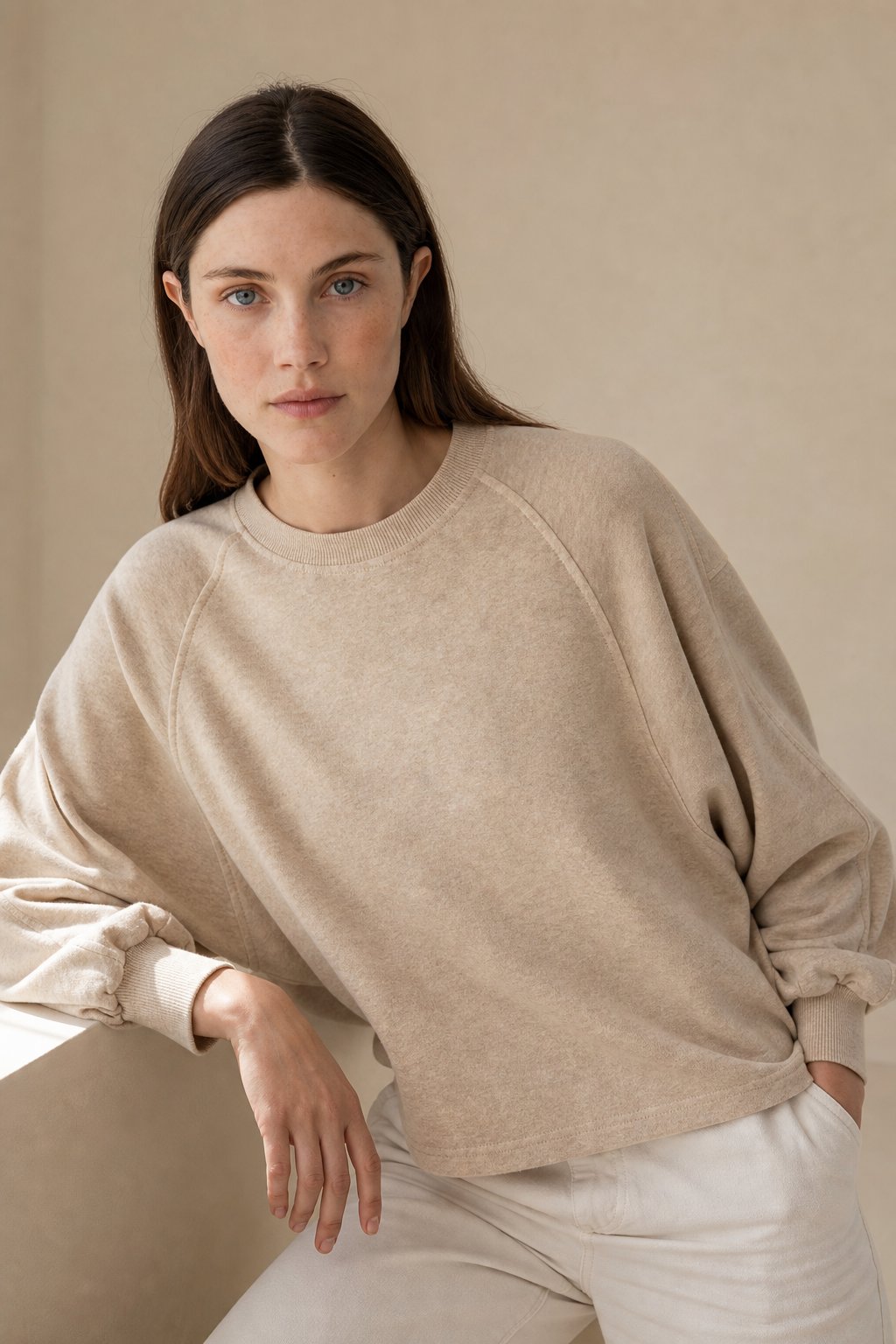 Women's Cotton Sweatshirt Loose Lantern Sleeve Pullover — Beige, banana_republic product shot