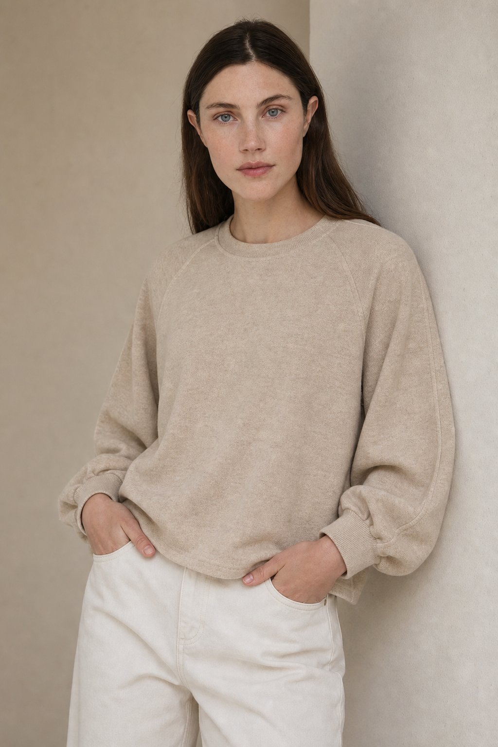 Women's Cotton Sweatshirt Loose Lantern Sleeve Pullover — Beige, banana_republic product shot