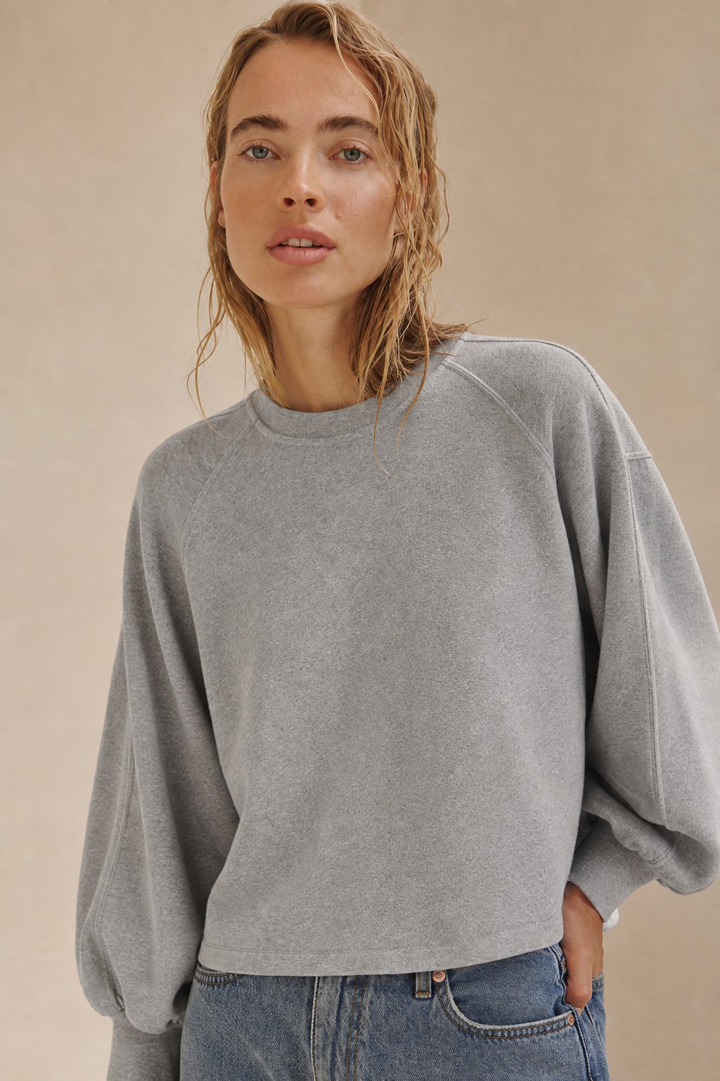 Women's Cotton Sweatshirt Loose Lantern Sleeve Pullover — Gray, banana_republic product shot