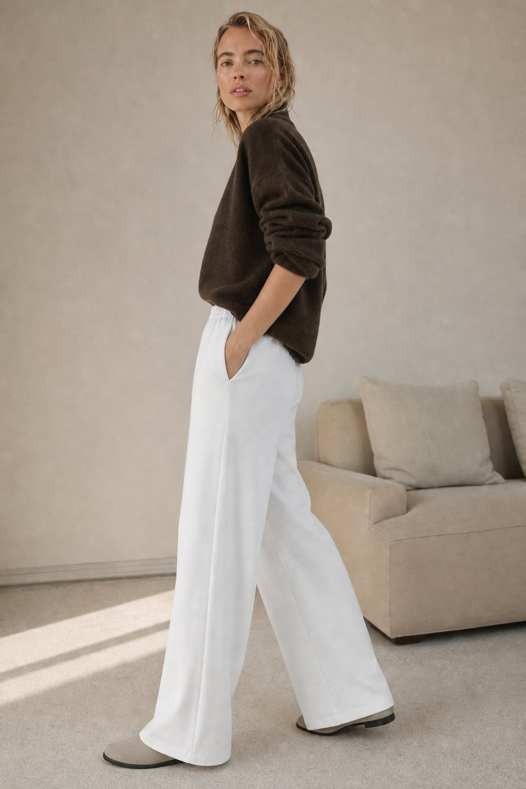 Women's Wide Leg Jogger Pants Drawstring Loose Fit — White, banana_republic product shot