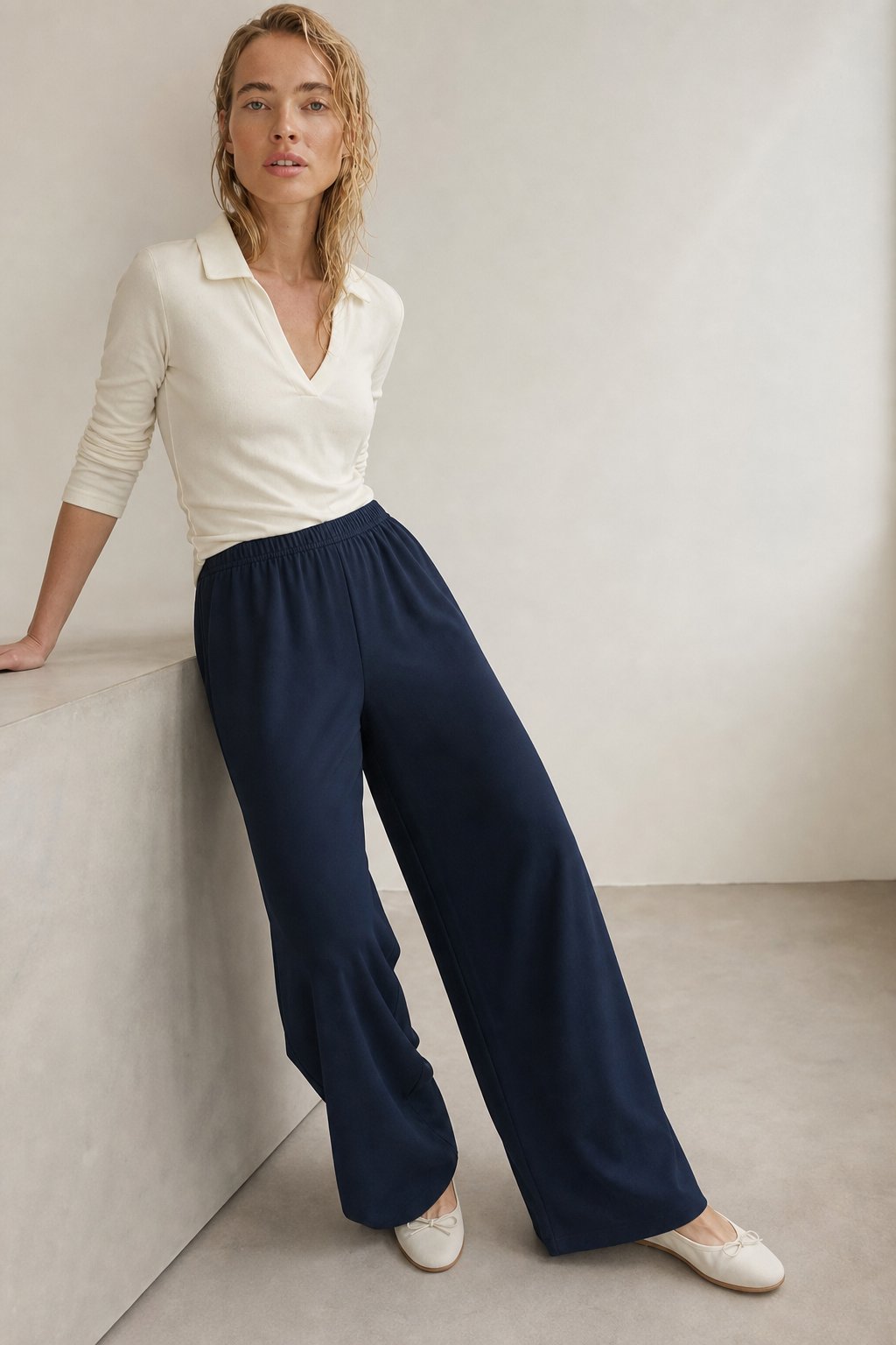 Women's Wide Leg Jogger Pants Drawstring Loose Fit — Navy, banana_republic product shot